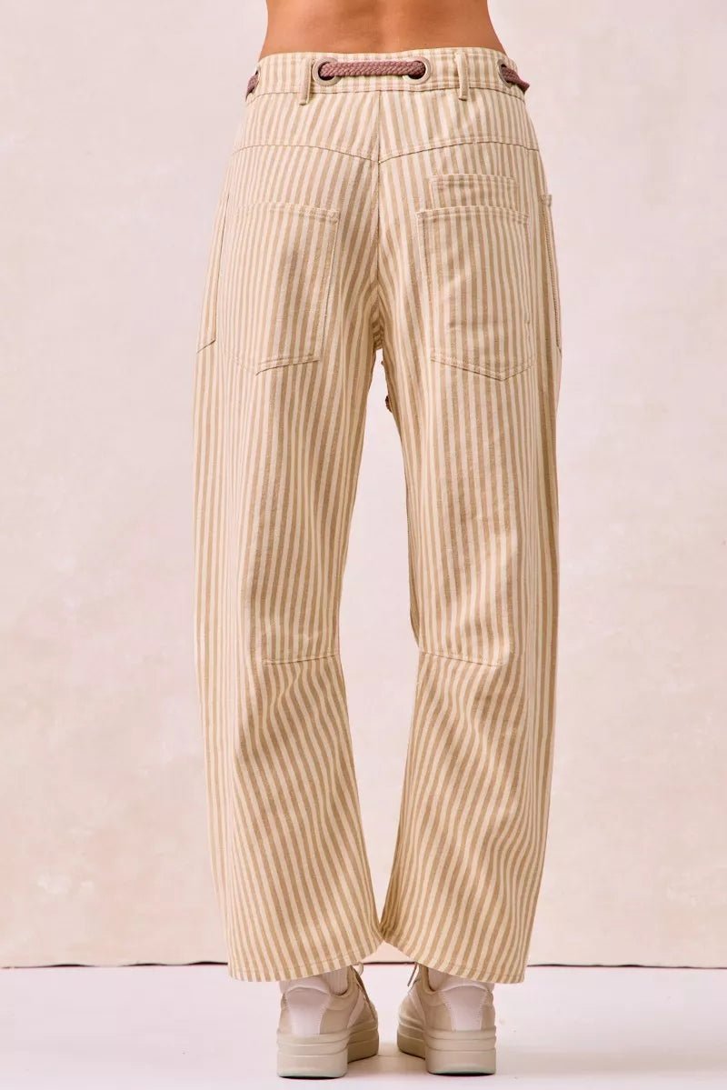 BiBi Drawstring Striped Twill Barrel Pants - Bitsy Gypsy Boutique