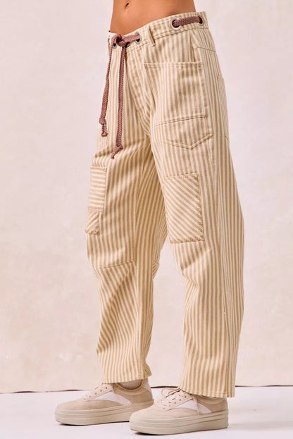 BiBi Drawstring Striped Twill Barrel Pants - Bitsy Gypsy Boutique
