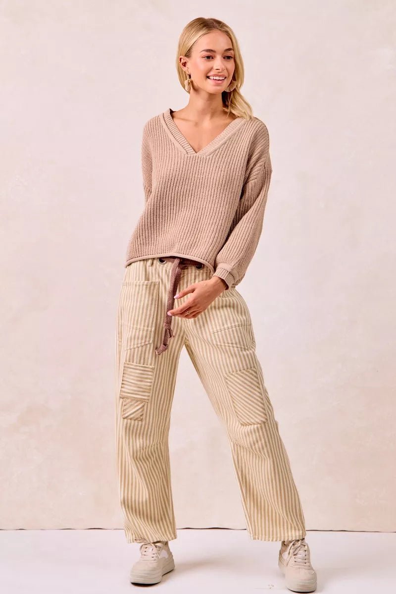 BiBi Drawstring Striped Twill Barrel Pants - Bitsy Gypsy Boutique