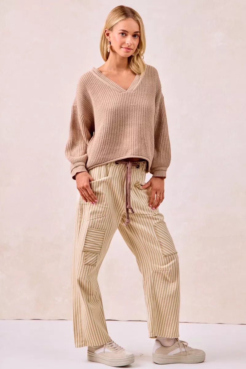BiBi Drawstring Striped Twill Barrel Pants - Bitsy Gypsy Boutique