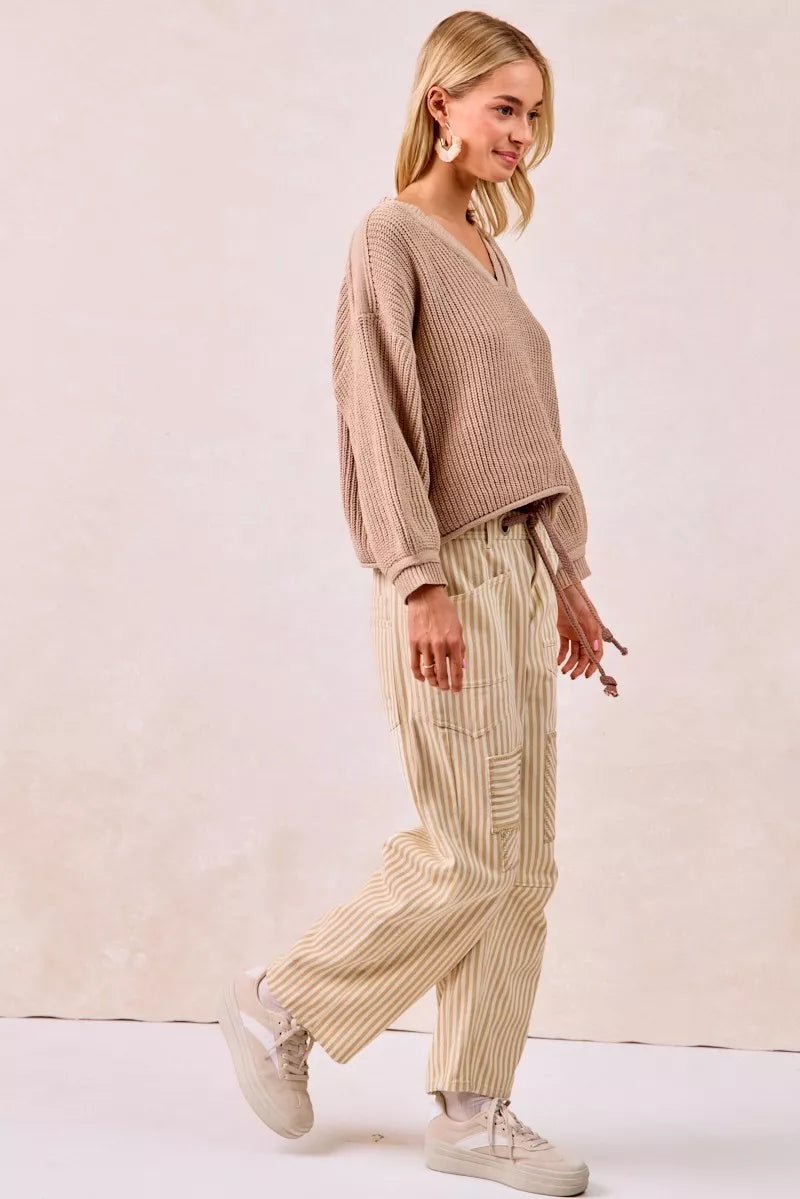 BiBi Drawstring Striped Twill Barrel Pants - Bitsy Gypsy Boutique