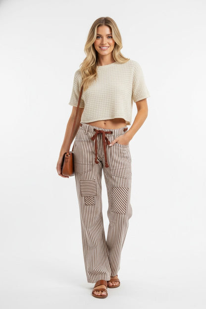 BiBi Drawstring Striped Twill Barrel Pants - Bitsy Gypsy Boutique
