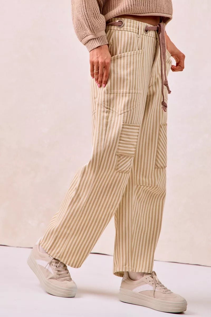 BiBi Drawstring Striped Twill Barrel Pants - Bitsy Gypsy Boutique