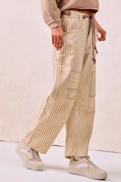 BiBi Drawstring Striped Twill Barrel Pants - Bitsy Gypsy Boutique