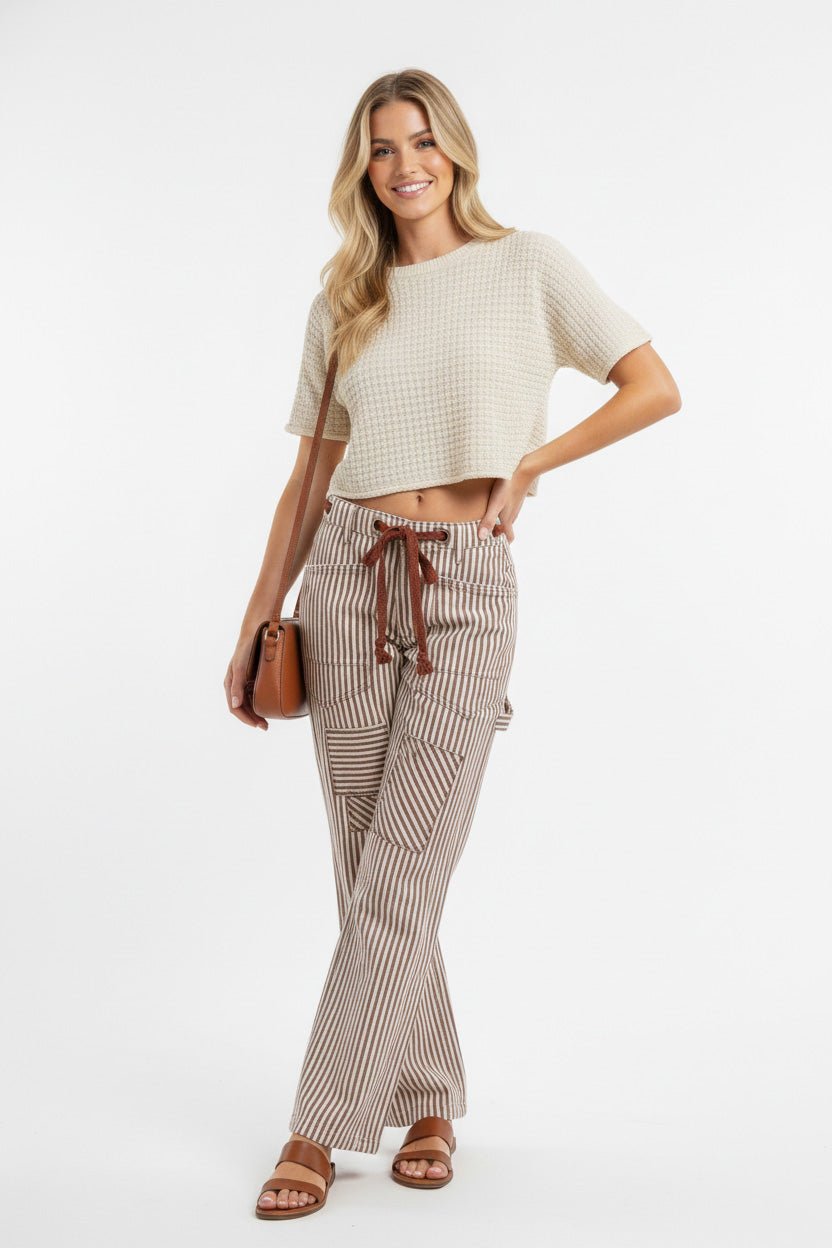 BiBi Drawstring Striped Twill Barrel Pants - Bitsy Gypsy Boutique