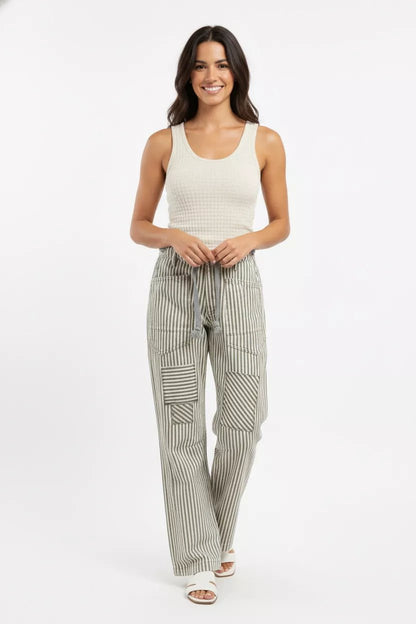BiBi Drawstring Striped Twill Barrel Pants - Bitsy Gypsy Boutique
