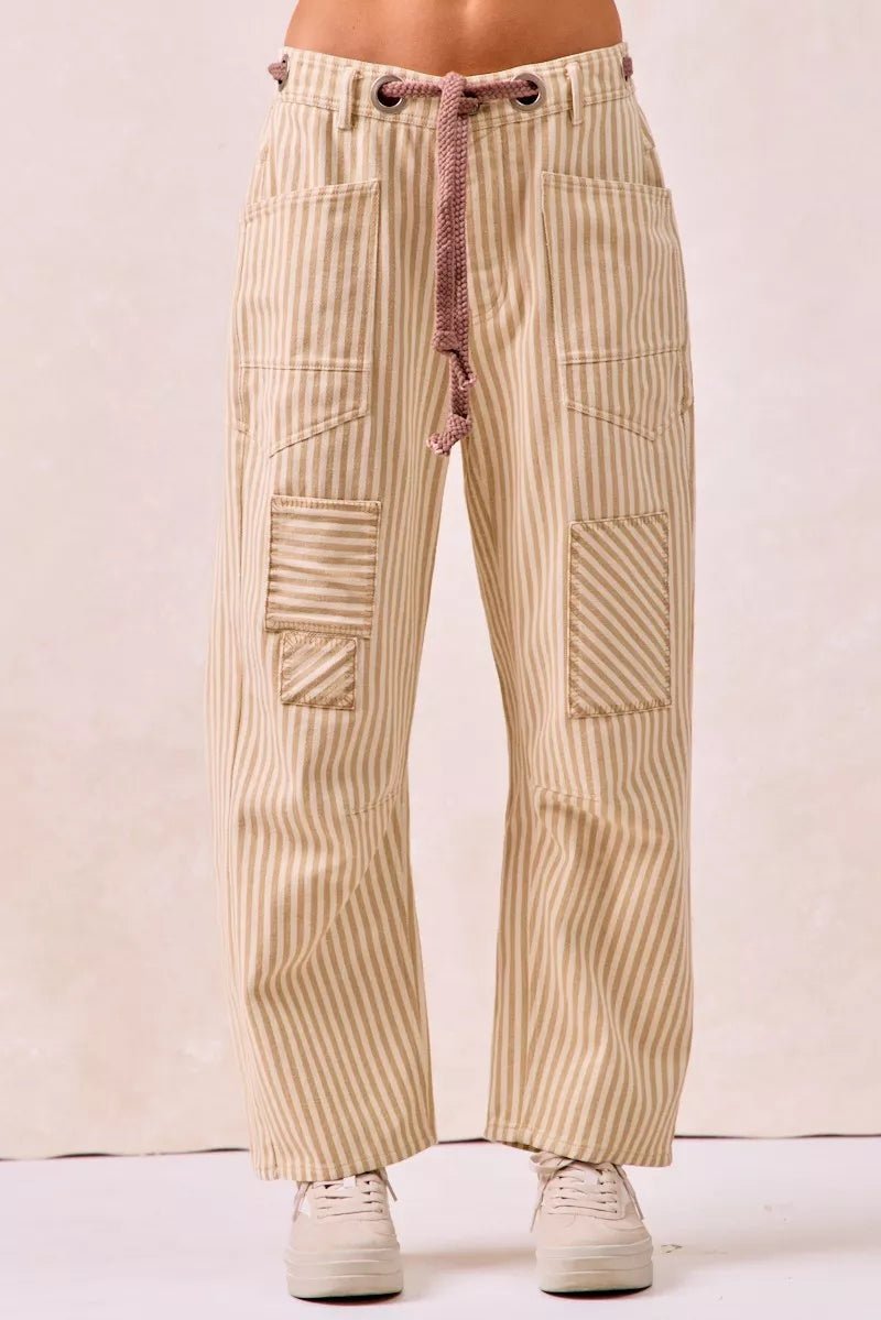 BiBi Drawstring Striped Twill Barrel Pants - Bitsy Gypsy Boutique