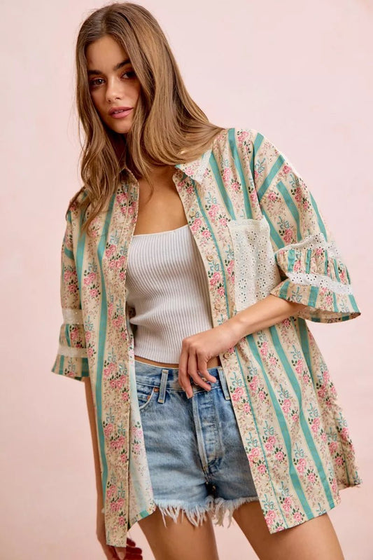 BiBi Eyelet Lace And Floral Mix And Match Shirt Top - Bitsy Gypsy Boutique
