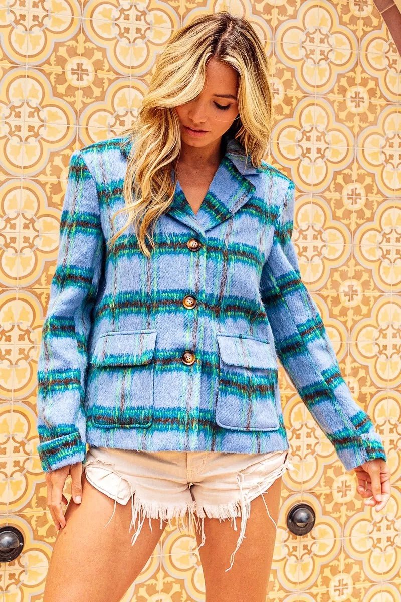BiBi Flap Pockets Brushed Vintage Plaid Jacket - Bitsy Gypsy Boutique
