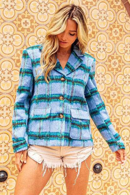 BiBi Flap Pockets Brushed Vintage Plaid Jacket - Bitsy Gypsy Boutique