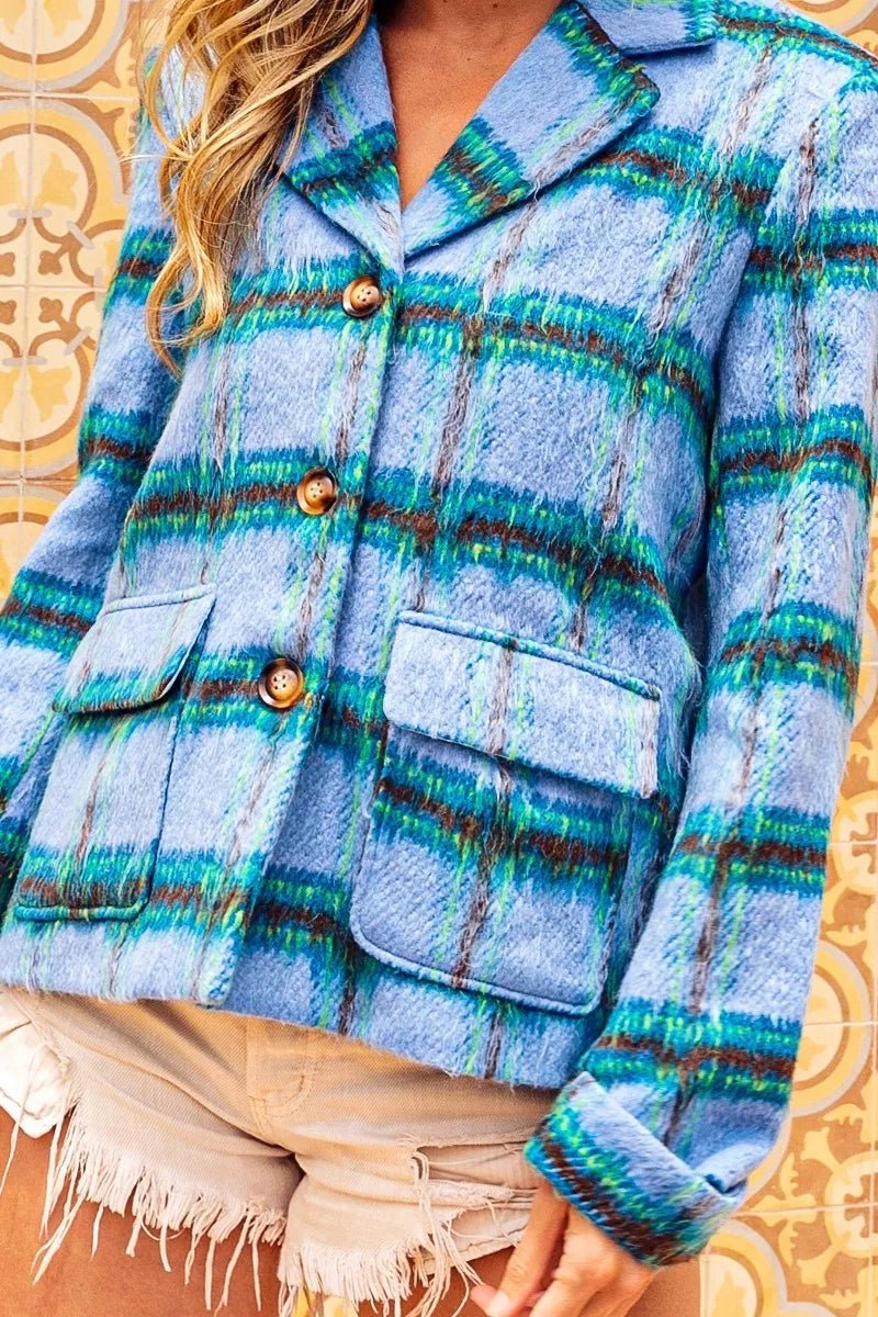 BiBi Flap Pockets Brushed Vintage Plaid Jacket - Bitsy Gypsy Boutique
