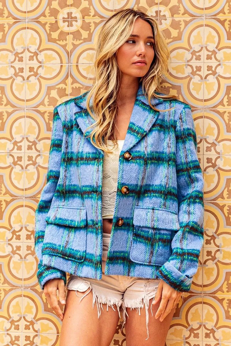 BiBi Flap Pockets Brushed Vintage Plaid Jacket - Bitsy Gypsy Boutique