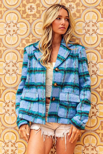 BiBi Flap Pockets Brushed Vintage Plaid Jacket - Bitsy Gypsy Boutique