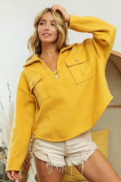 BiBi Flap Pockets Fleece Collared Sweatshirt - Bitsy Gypsy Boutique