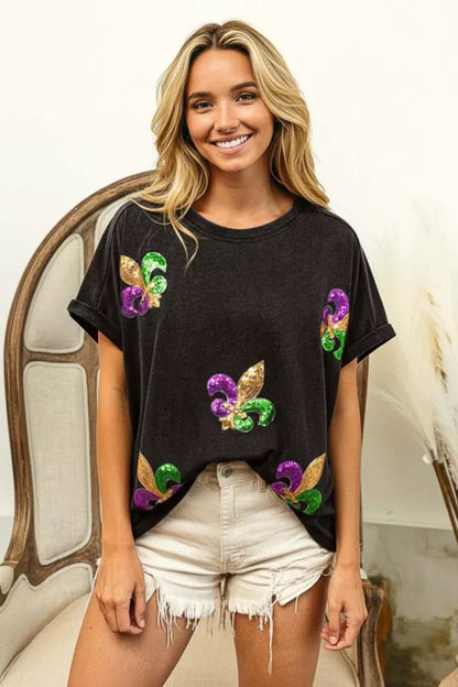 BiBi Fleur De Lis Sequin Patches Mardi Gras Sleeve Top - Bitsy Gypsy Boutique