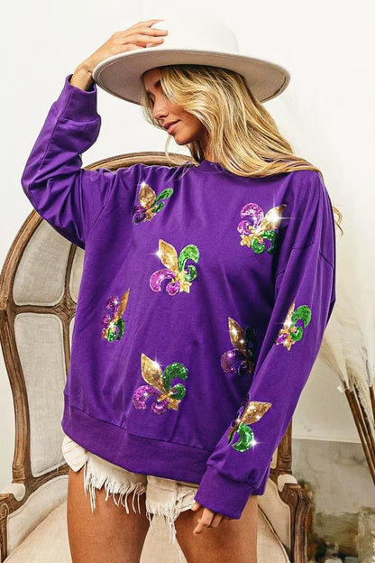 BiBi Fleur De Lis Sequin Patches Mardi Gras Sweatshirt - Bitsy Gypsy Boutique