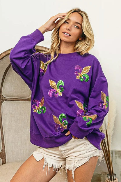 BiBi Fleur De Lis Sequin Patches Mardi Gras Sweatshirt - Bitsy Gypsy Boutique