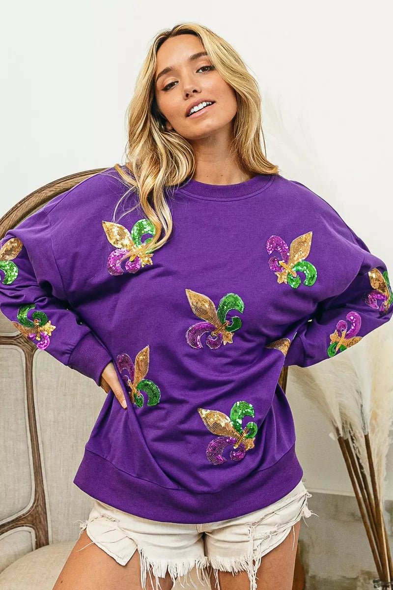 BiBi Fleur De Lis Sequin Patches Mardi Gras Sweatshirt - Bitsy Gypsy Boutique