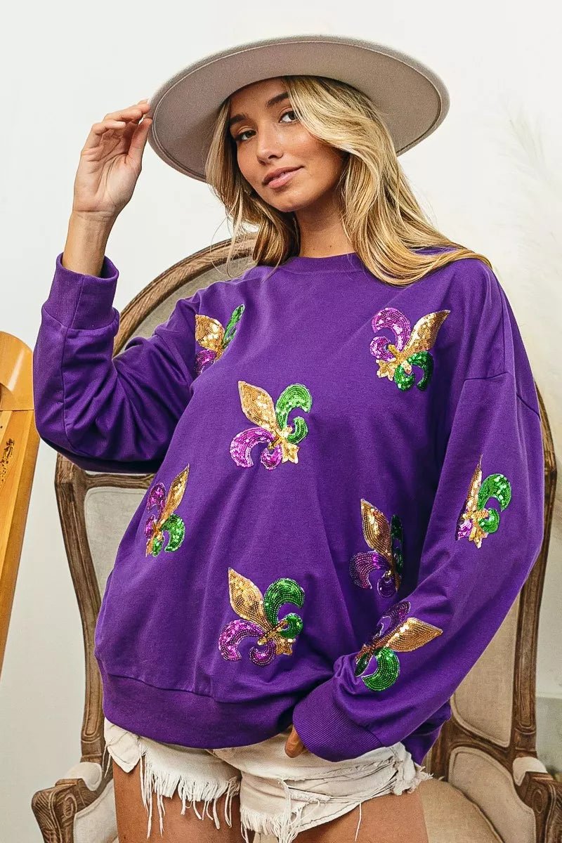BiBi Fleur De Lis Sequin Patches Mardi Gras Sweatshirt - Bitsy Gypsy Boutique