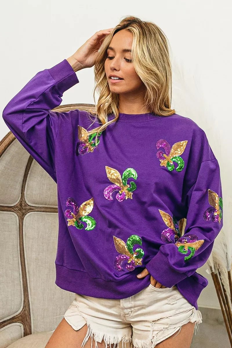 BiBi Fleur De Lis Sequin Patches Mardi Gras Sweatshirt - Bitsy Gypsy Boutique