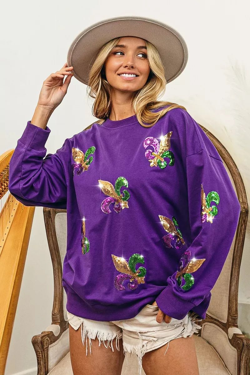 BiBi Fleur De Lis Sequin Patches Mardi Gras Sweatshirt - Bitsy Gypsy Boutique