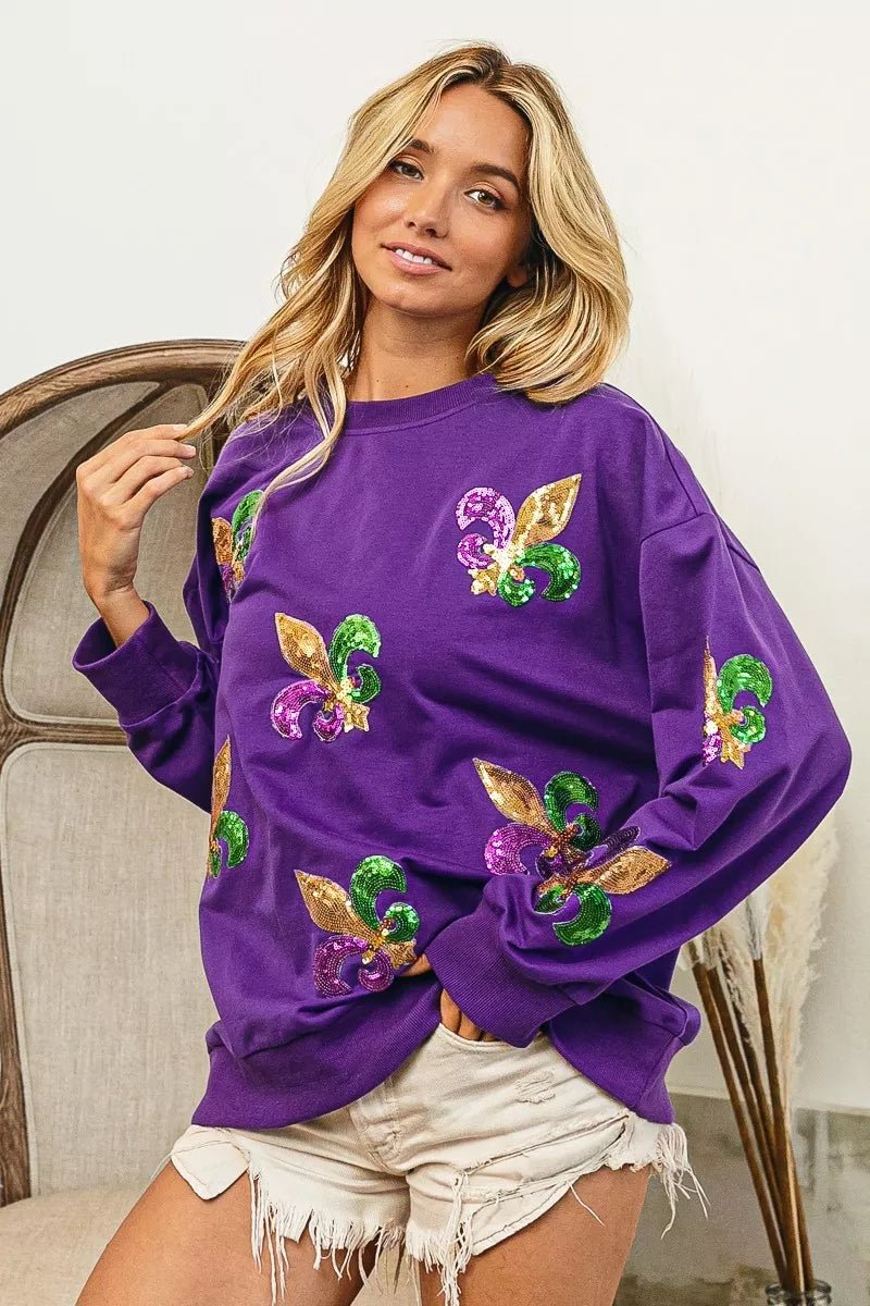 BiBi Fleur De Lis Sequin Patches Mardi Gras Sweatshirt - Bitsy Gypsy Boutique