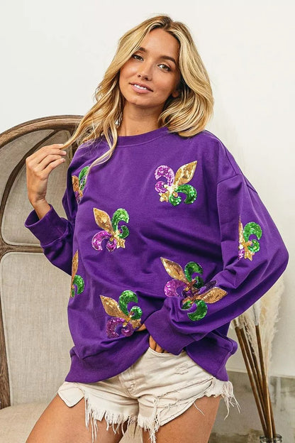BiBi Fleur De Lis Sequin Patches Mardi Gras Sweatshirt - Bitsy Gypsy Boutique