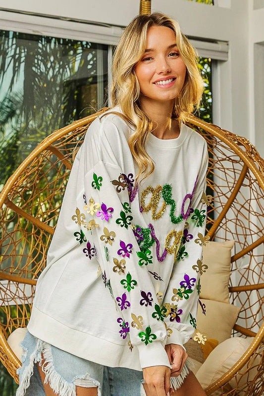 BiBi Fleur De Lis Sleeve Mardi Gras Pullover - Bitsy Gypsy Boutique