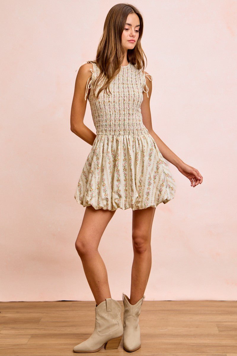 BiBi Floral Bow Tie Attachable Puff Sleeves Dress - Bitsy Gypsy Boutique