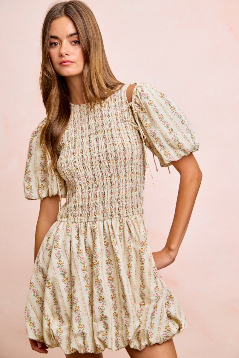 BiBi Floral Bow Tie Attachable Puff Sleeves Dress - Bitsy Gypsy Boutique