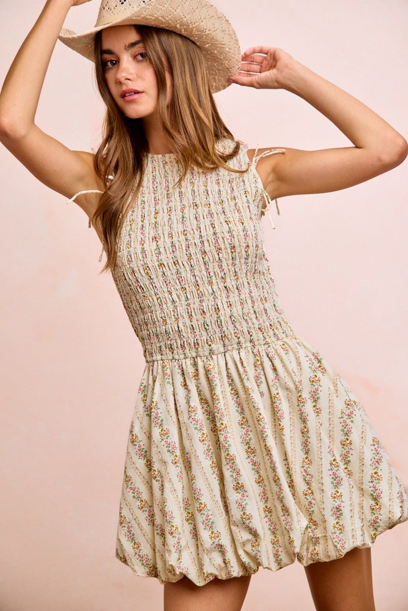 BiBi Floral Bow Tie Attachable Puff Sleeves Dress - Bitsy Gypsy Boutique