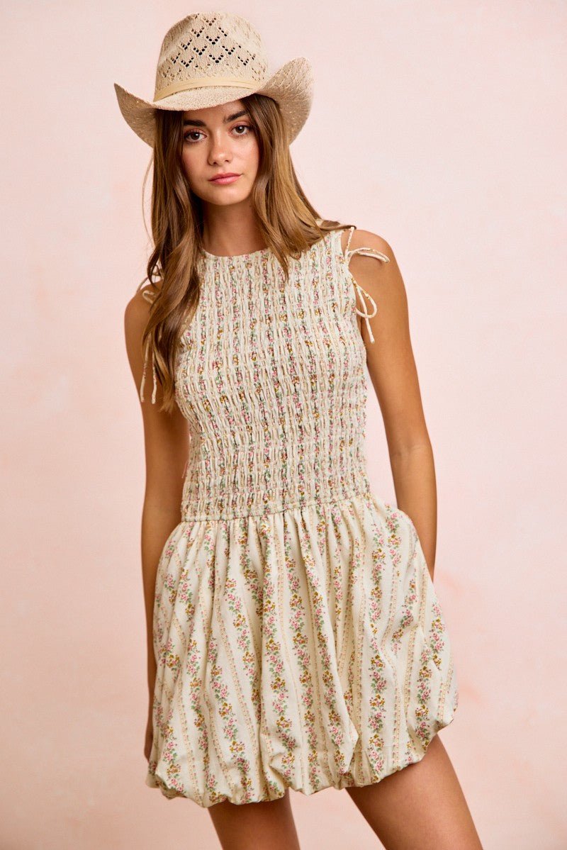 BiBi Floral Bow Tie Attachable Puff Sleeves Dress - Bitsy Gypsy Boutique