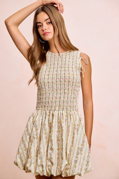 BiBi Floral Bow Tie Attachable Puff Sleeves Dress - Bitsy Gypsy Boutique