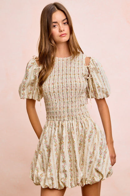 BiBi Floral Bow Tie Attachable Puff Sleeves Dress - Bitsy Gypsy Boutique