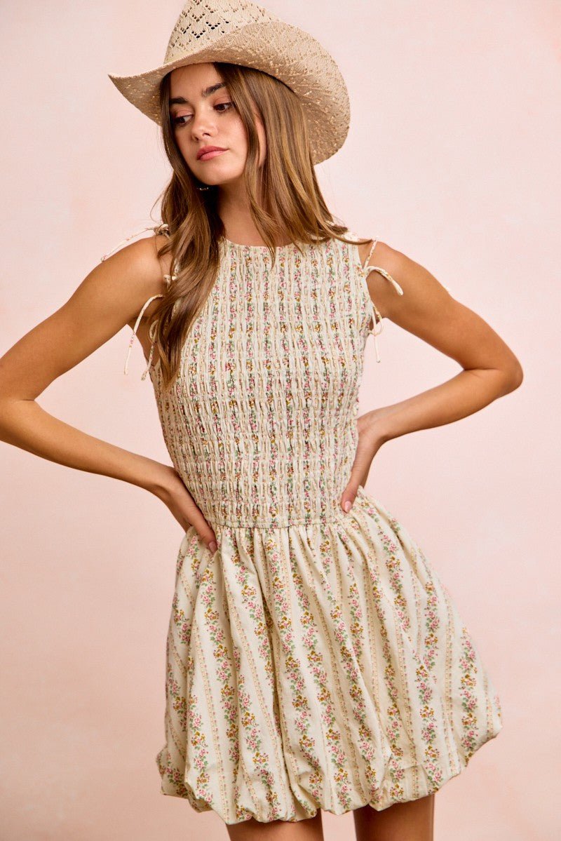 BiBi Floral Bow Tie Attachable Puff Sleeves Dress - Bitsy Gypsy Boutique