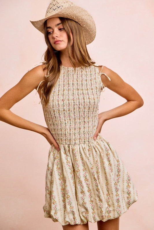 BiBi Floral Bow Tie Attachable Puff Sleeves Dress - Bitsy Gypsy Boutique