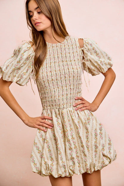 BiBi Floral Bow Tie Attachable Puff Sleeves Dress - Bitsy Gypsy Boutique