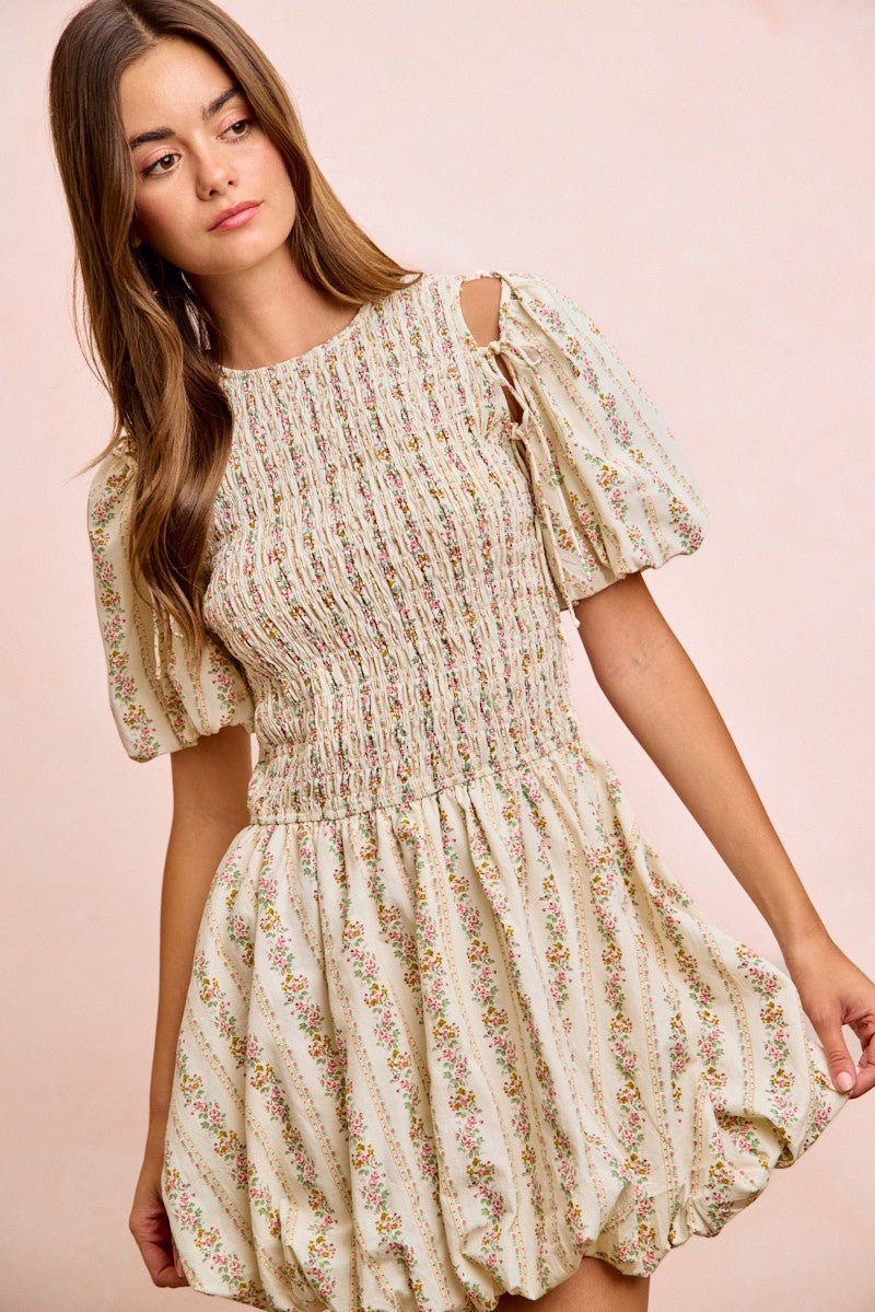 BiBi Floral Bow Tie Attachable Puff Sleeves Dress - Bitsy Gypsy Boutique