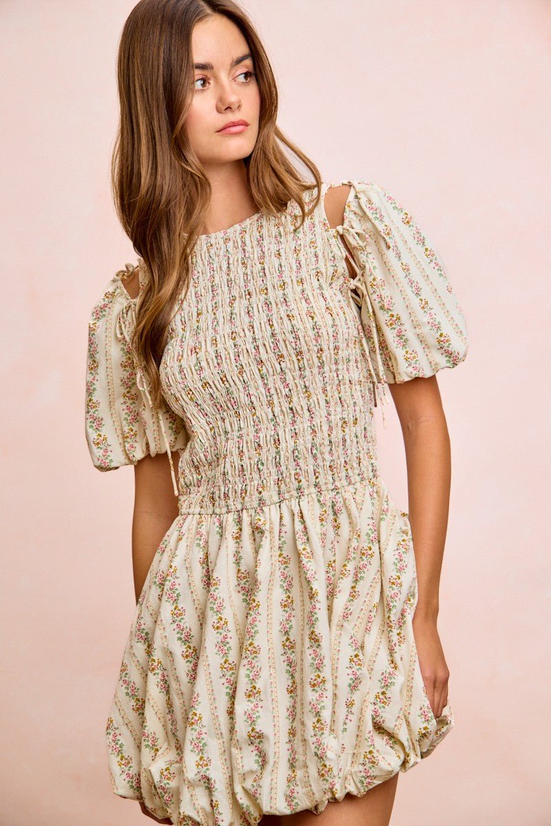 BiBi Floral Bow Tie Attachable Puff Sleeves Dress - Bitsy Gypsy Boutique
