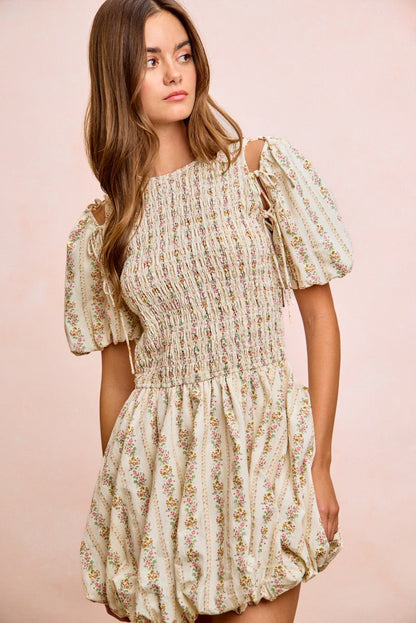 BiBi Floral Bow Tie Attachable Puff Sleeves Dress - Bitsy Gypsy Boutique