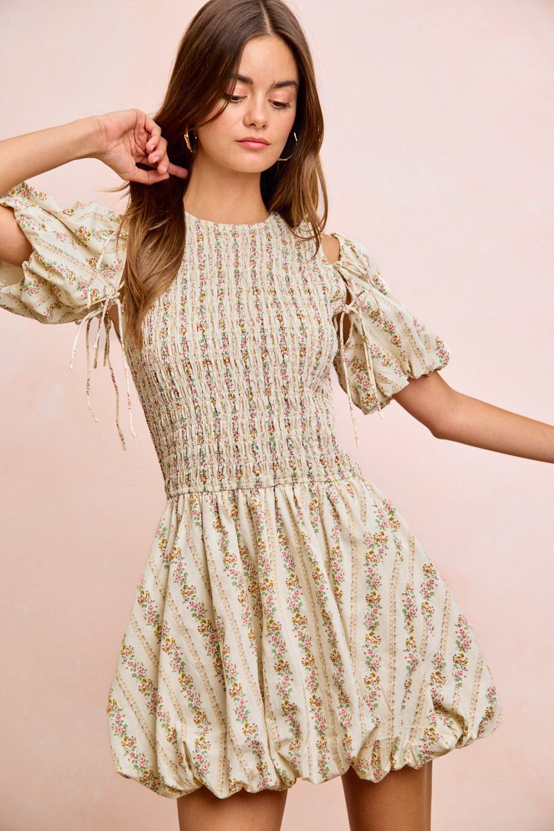 BiBi Floral Bow Tie Attachable Puff Sleeves Dress - Bitsy Gypsy Boutique