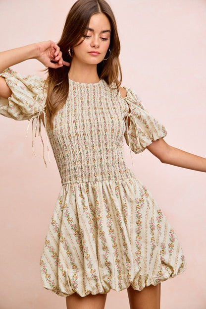 BiBi Floral Bow Tie Attachable Puff Sleeves Dress - Bitsy Gypsy Boutique