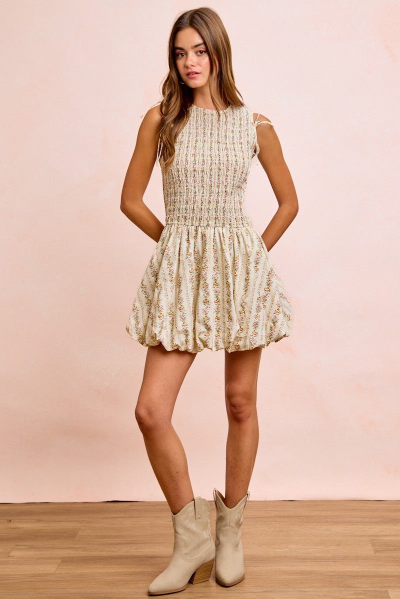 BiBi Floral Bow Tie Attachable Puff Sleeves Dress - Bitsy Gypsy Boutique