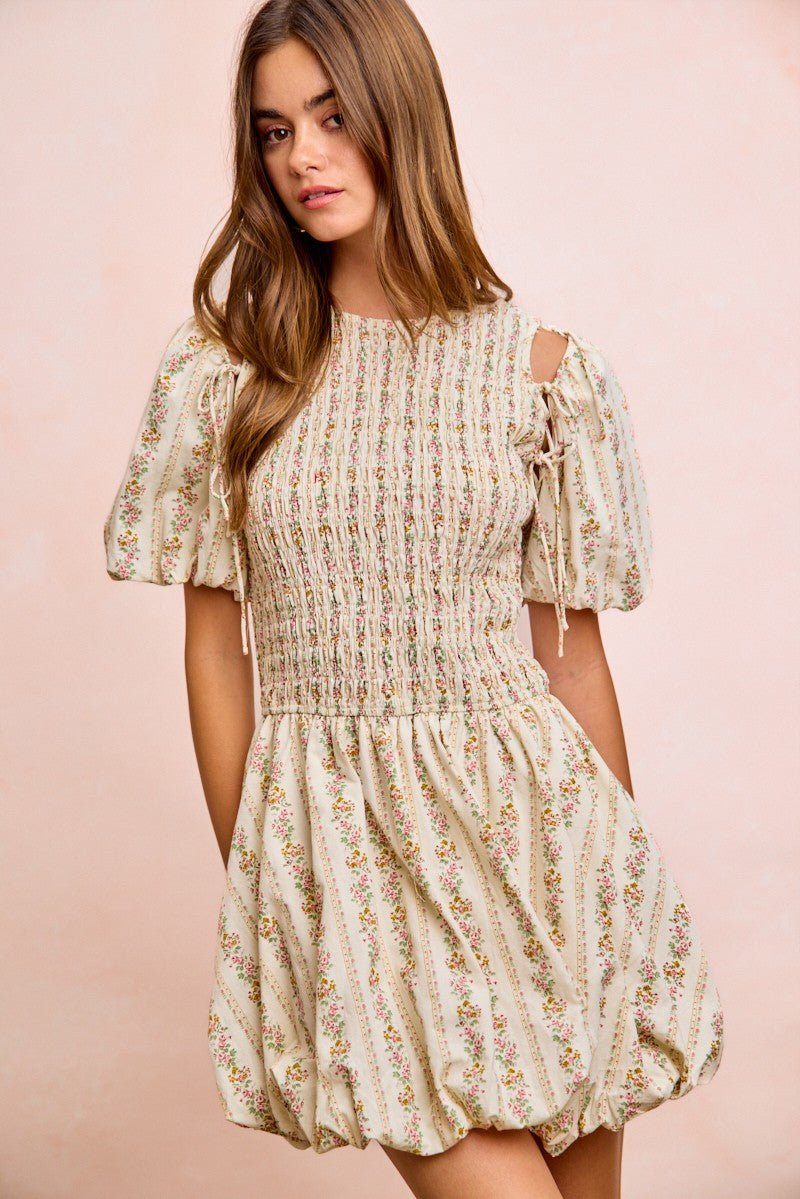 BiBi Floral Bow Tie Attachable Puff Sleeves Dress - Bitsy Gypsy Boutique