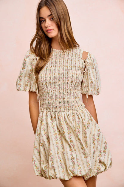 BiBi Floral Bow Tie Attachable Puff Sleeves Dress - Bitsy Gypsy Boutique
