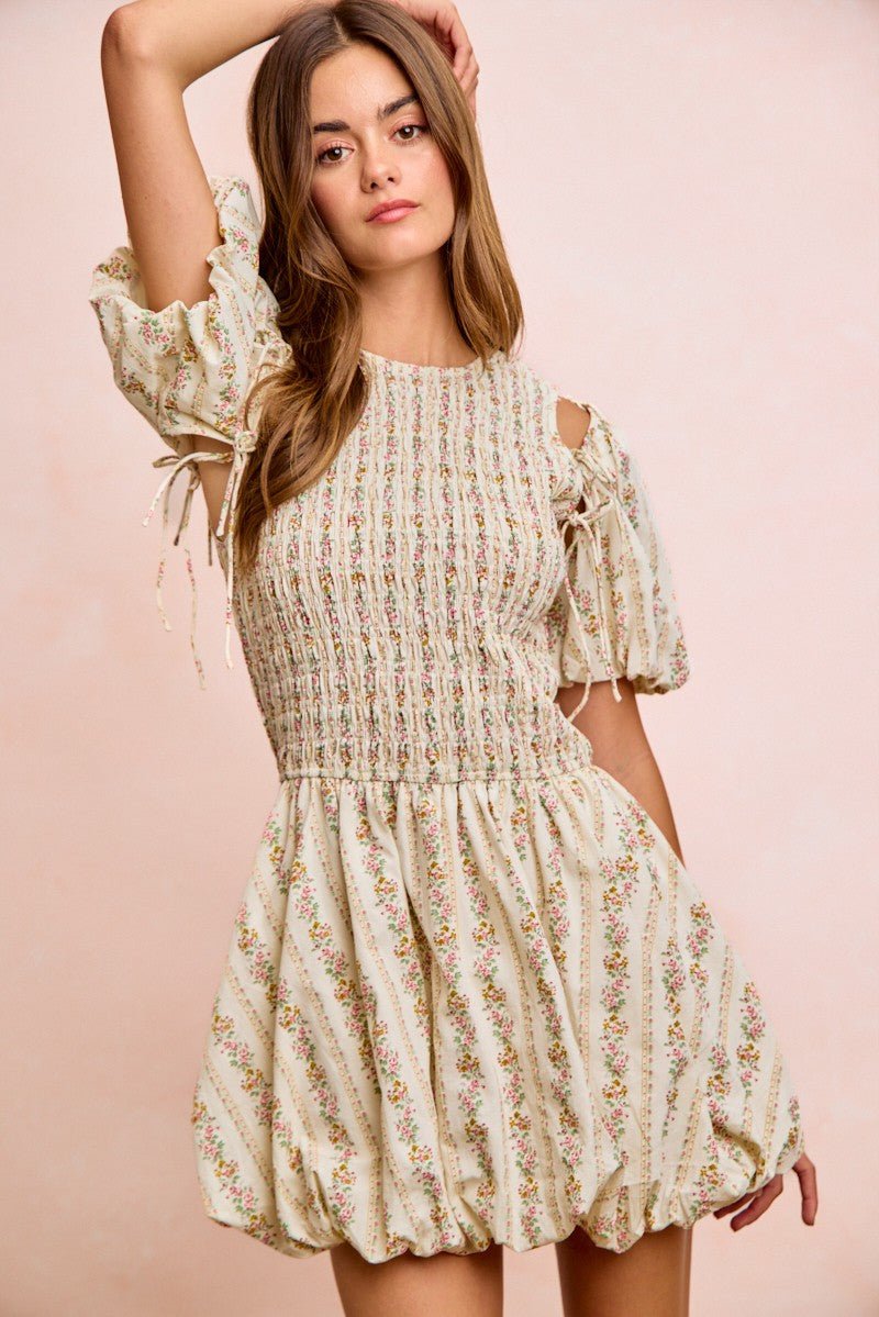 BiBi Floral Bow Tie Attachable Puff Sleeves Dress - Bitsy Gypsy Boutique