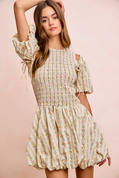 BiBi Floral Bow Tie Attachable Puff Sleeves Dress - Bitsy Gypsy Boutique