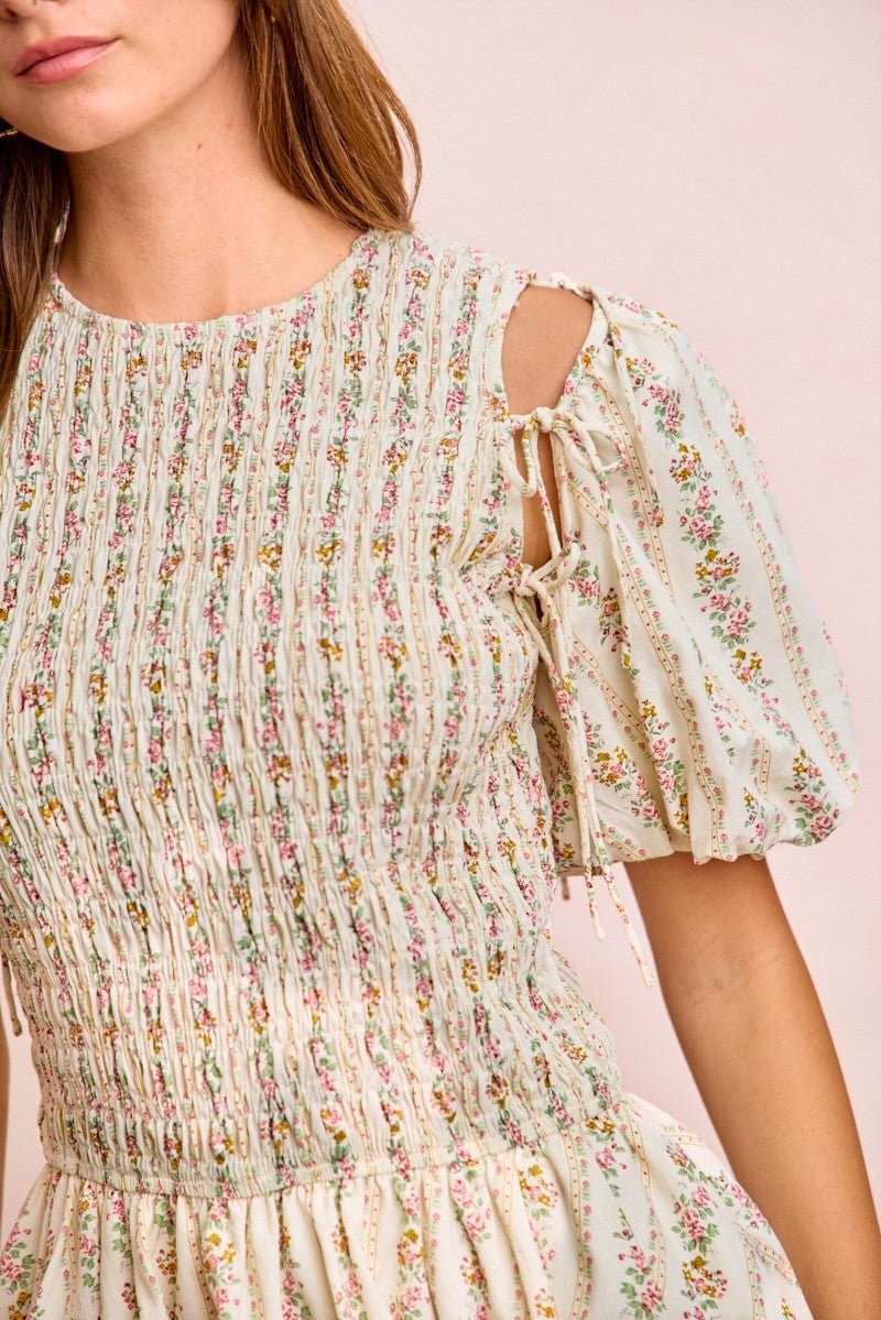 BiBi Floral Bow Tie Attachable Puff Sleeves Dress - Bitsy Gypsy Boutique