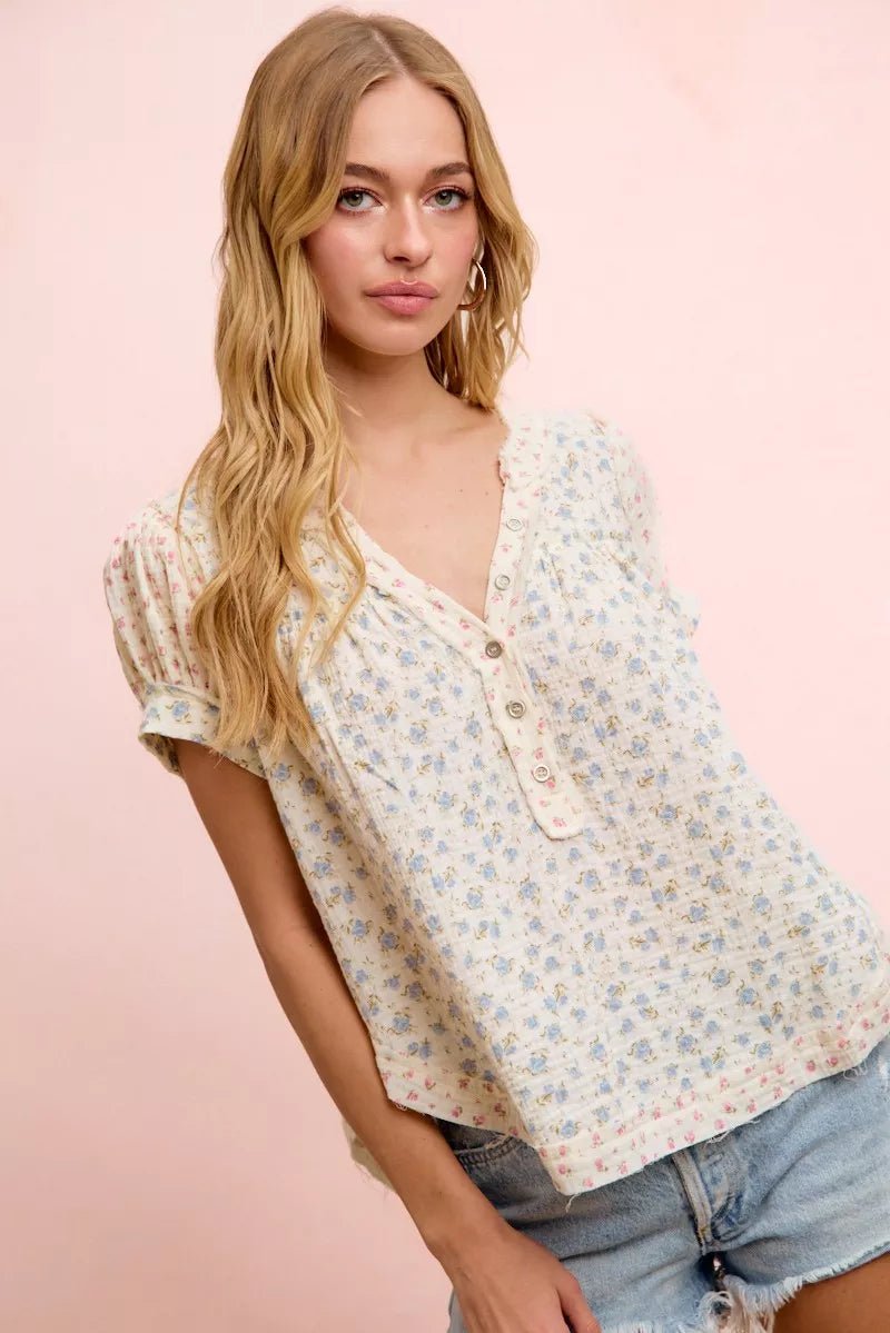BiBi Floral Crinkle Neckdrop Short Sleeve Blouse Top - Bitsy Gypsy Boutique