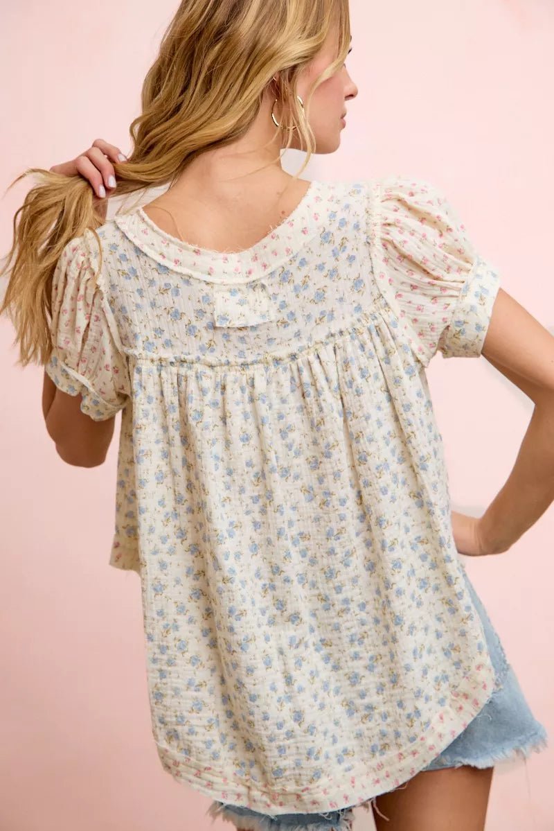 BiBi Floral Crinkle Neckdrop Short Sleeve Blouse Top - Bitsy Gypsy Boutique